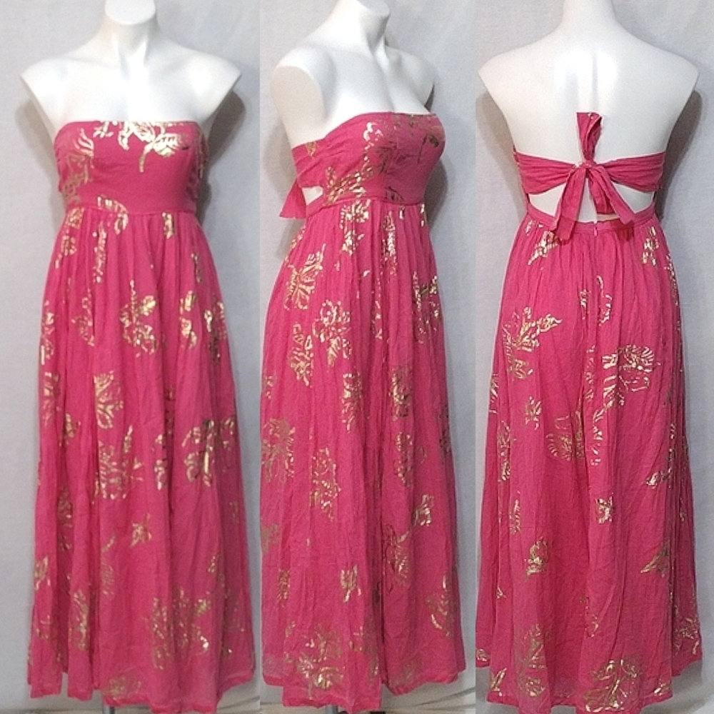 Free People Strapless Metallic Floral Midi Dress XS Back Tie Cutout Boho Chic